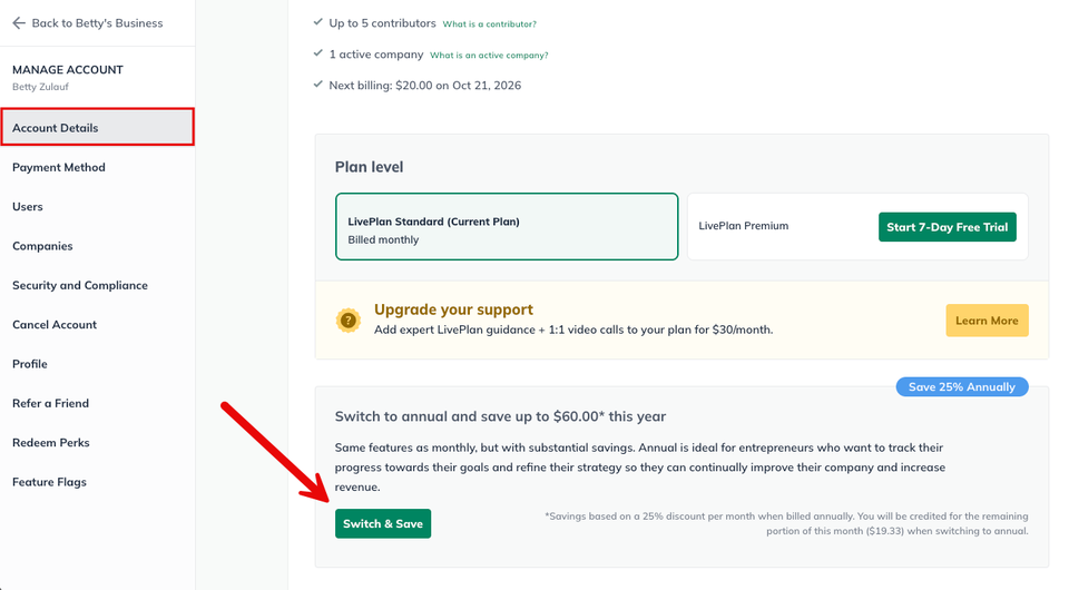 Image: Account details page with Switch and save highlighted