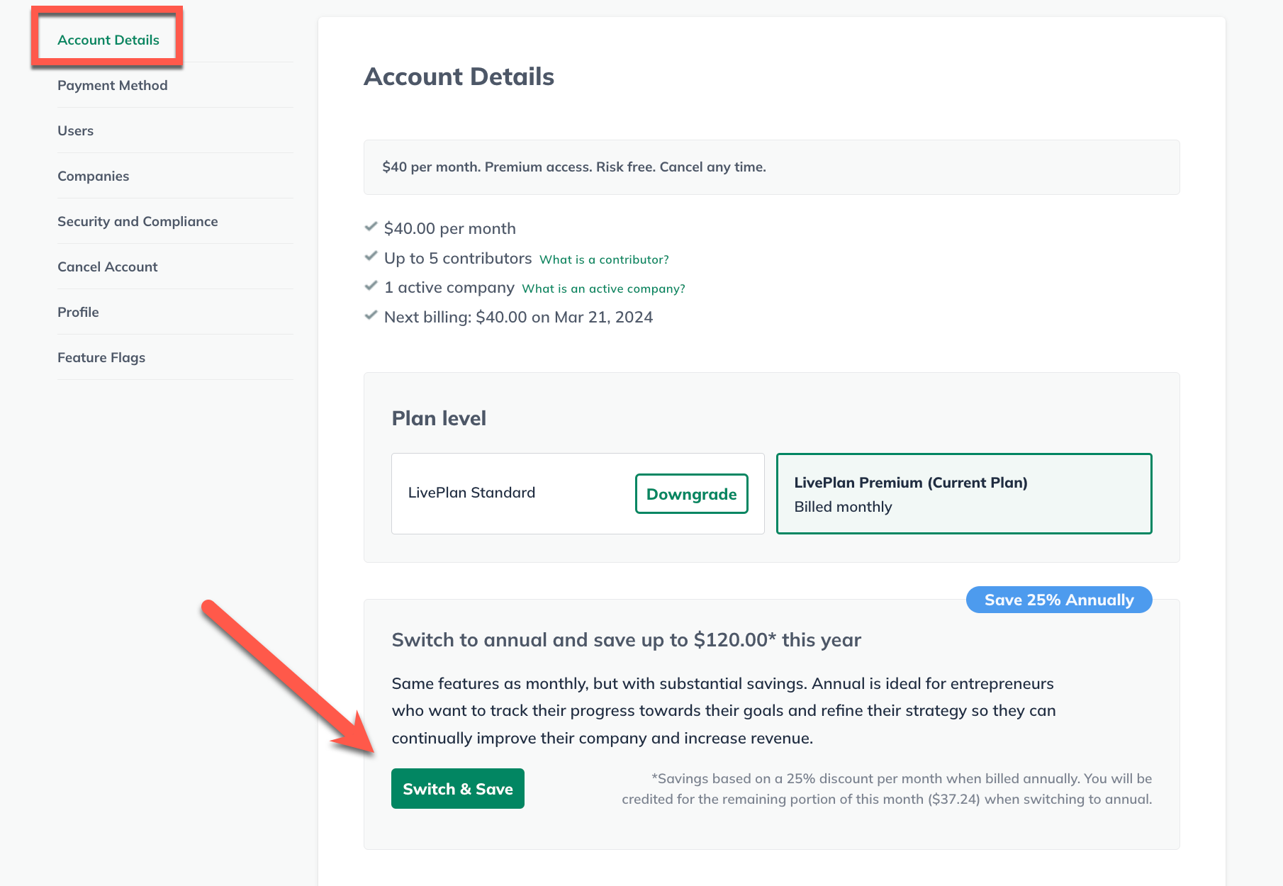 Image: Account details page with Switch and save highlighted