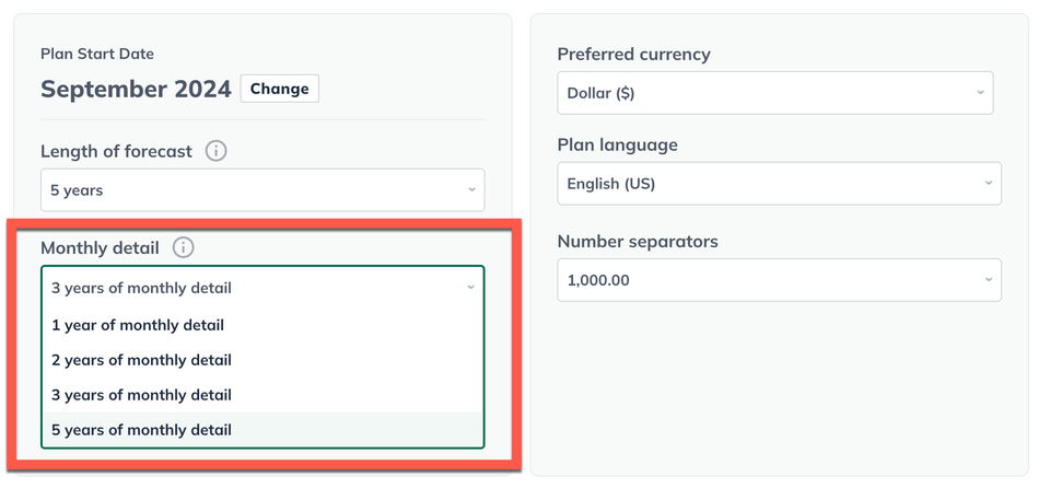 Image: company options with monthly detail highlighted detail