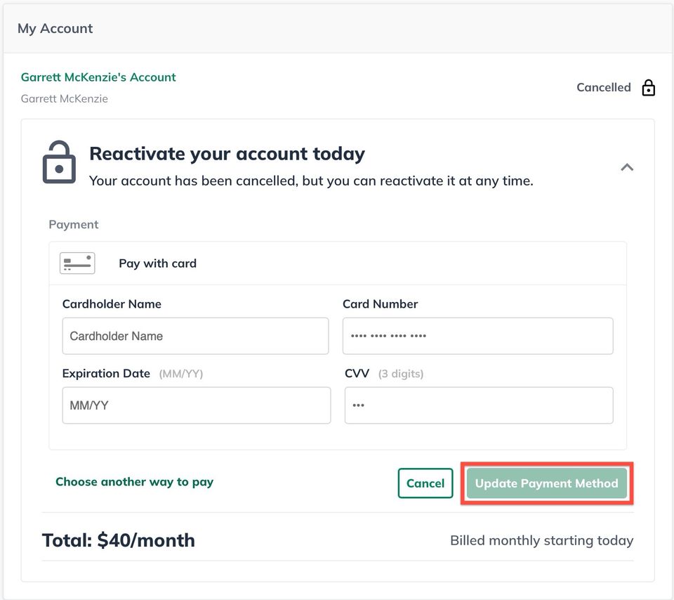 Image: update payment method button