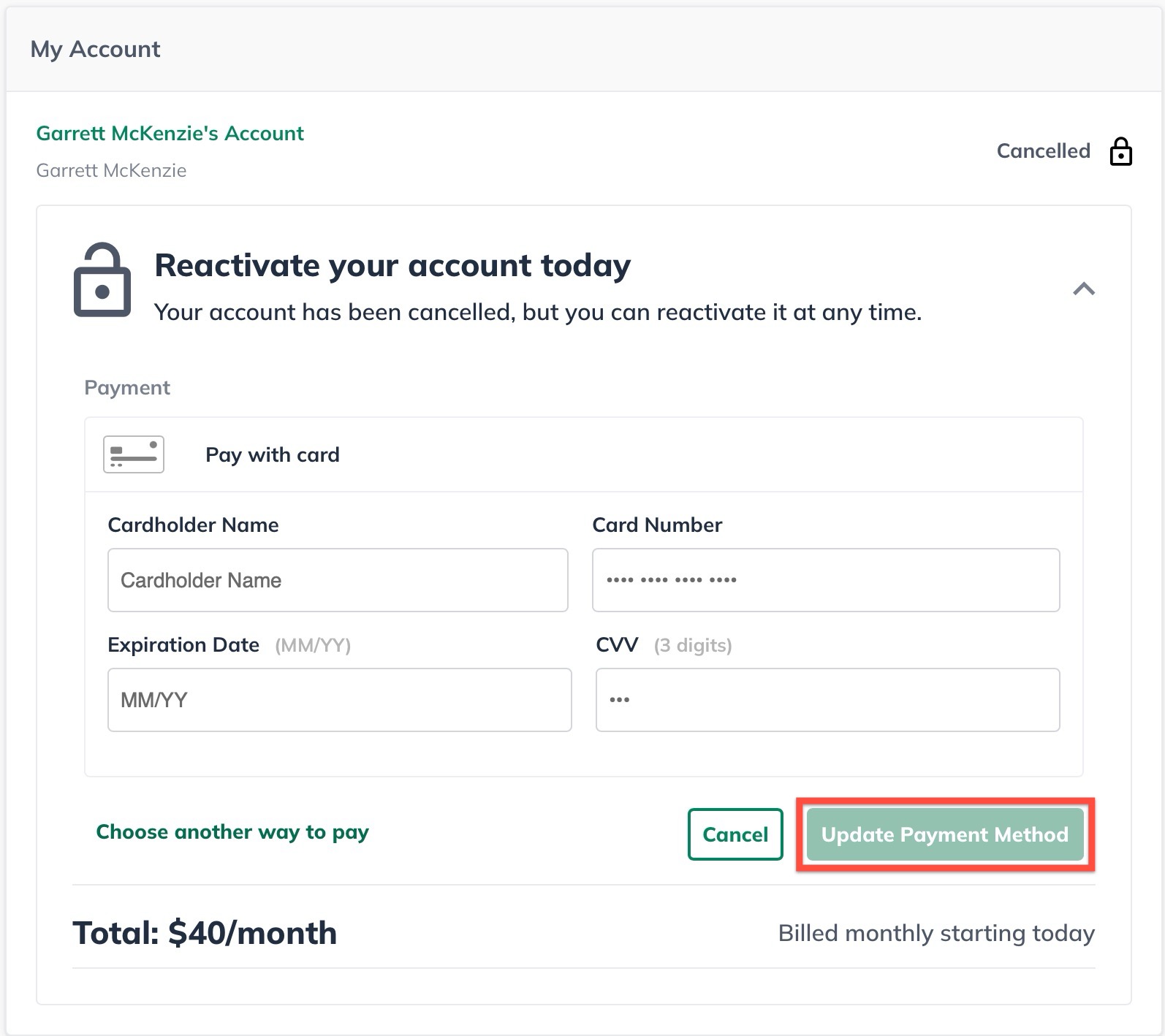 Image: update payment method button