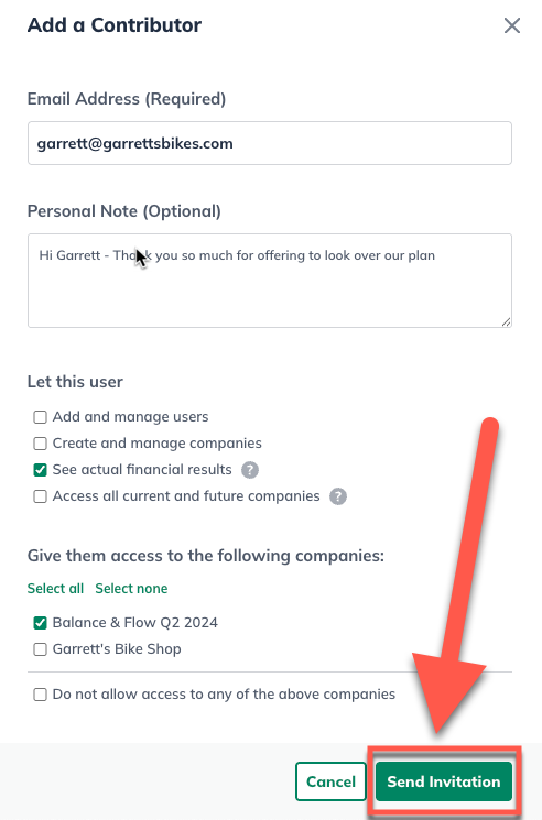 Image: add a contributor box with send invitation highlighted