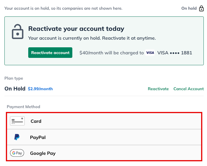 account reactivation on hold update payment method