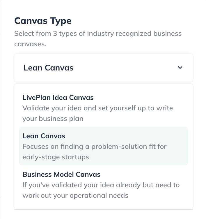 select canvas type menu