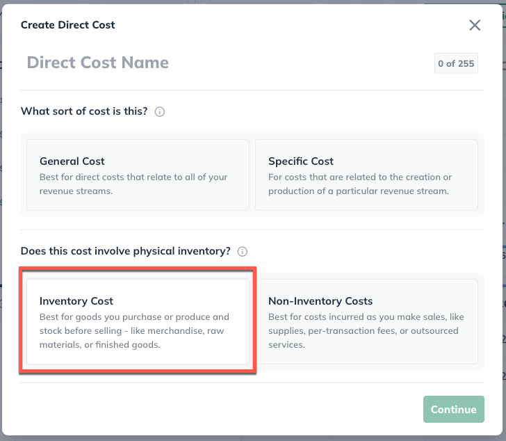Add Direct Cost inventory yes