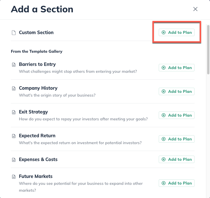 NUX - Add Custom Section to Plan