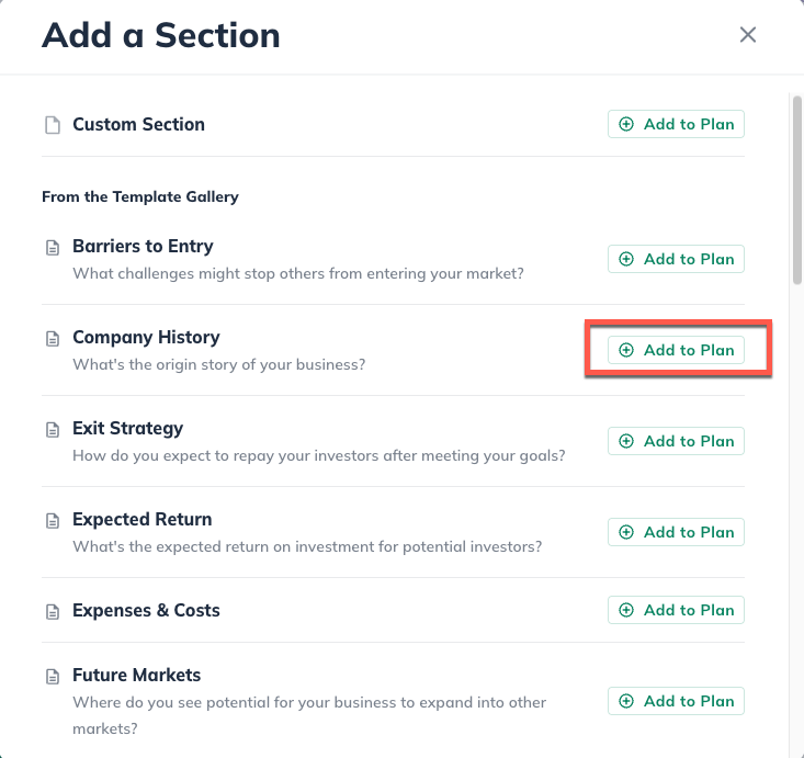 NUX - Add Section to Plan