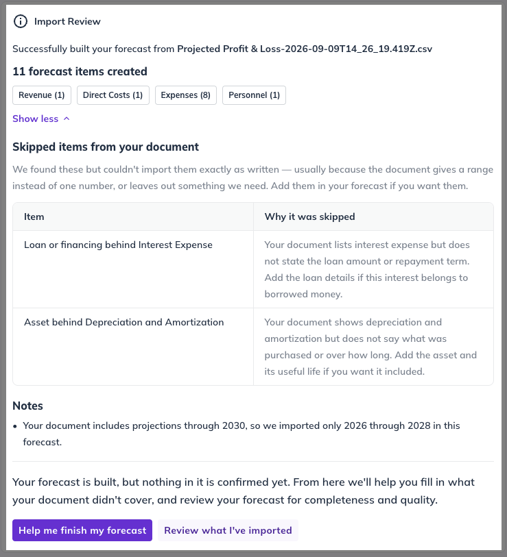 Help Me Forecast Import Review