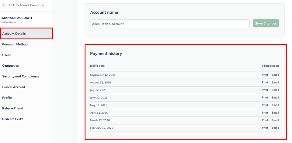 Image: account details payment history section