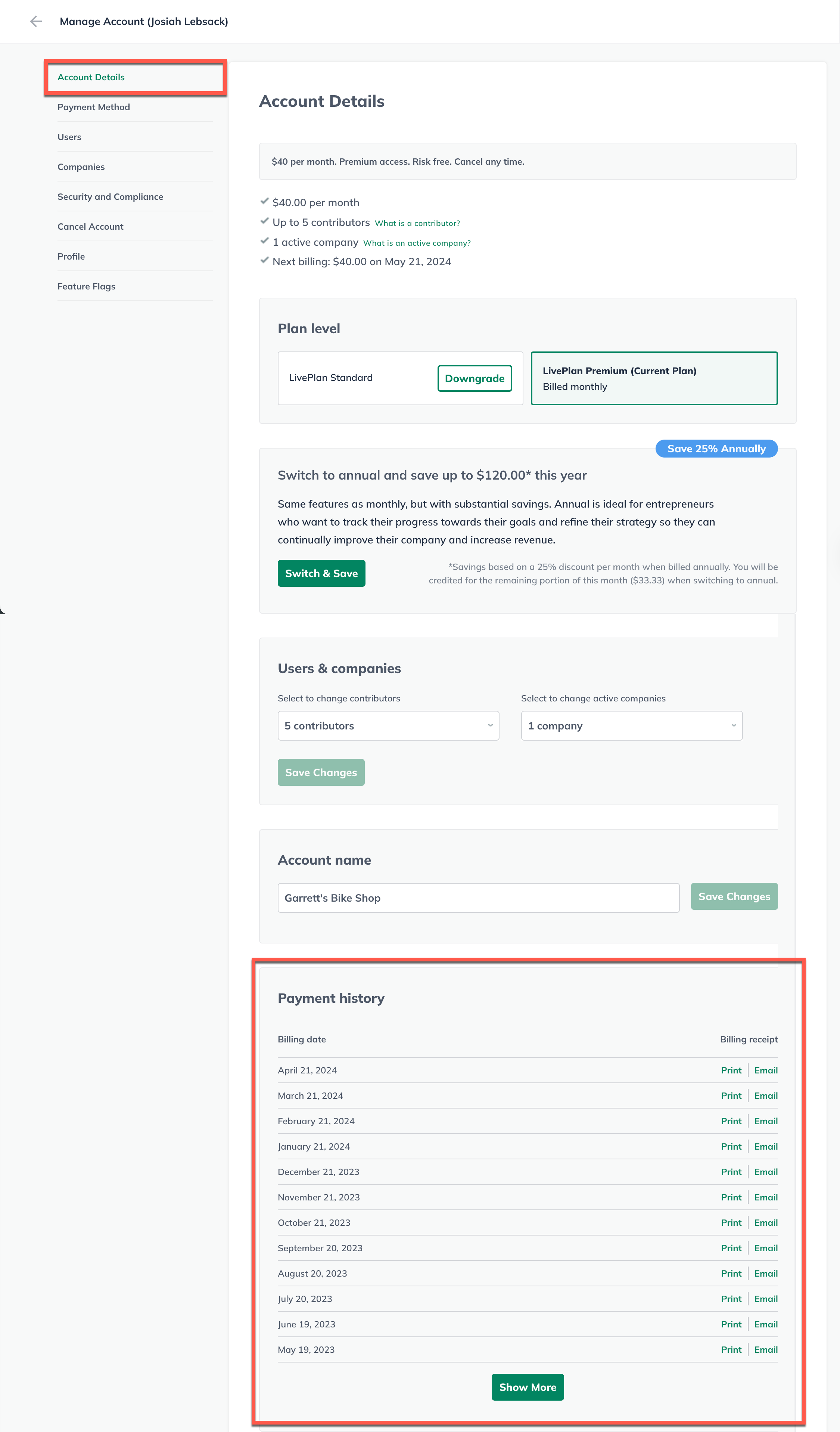 Image: account details payment history section