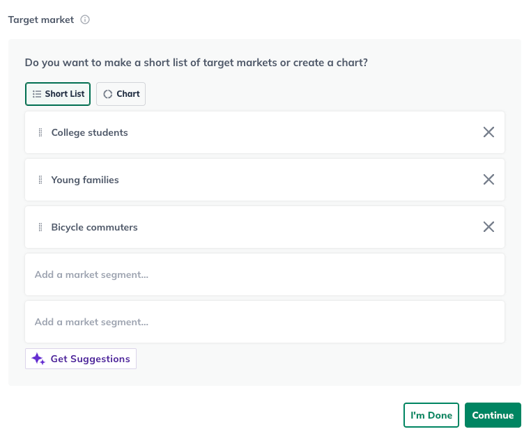 A form titled "Target market" with options for a short list or chart. Lists "College students," "Young families," and "Bicycle commuters."
