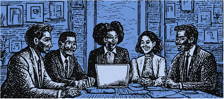 illustration of five people happily discussing business