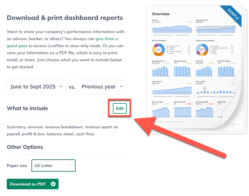 Image: dashboard printing what to include with edit highlighted