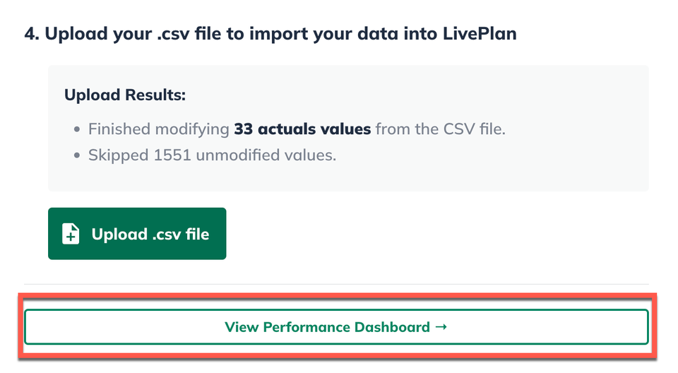 Image: upload csv results with view performance dashboard highlighted