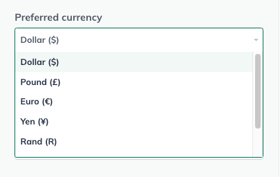 Image: preferred currency options menu