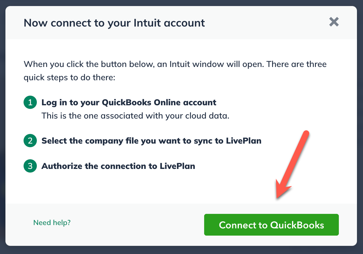 Image: Arrow pointing to connect to quickbooks