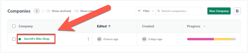 Image: company management screen with go to company highlighted