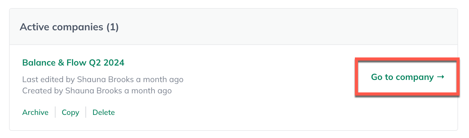 Image: company management screen with go to company highlighted