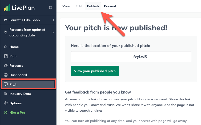 Screenshot of LivePlan interface showing a published pitch notification, with a red arrow pointing to the "Publish" tab.