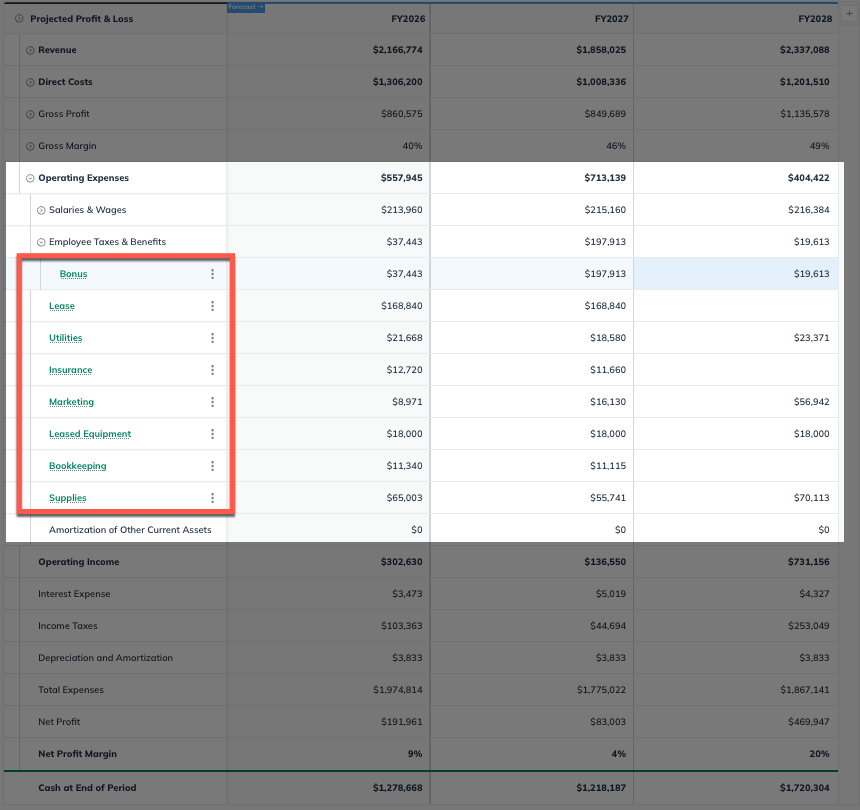 p and l with operating expenses highlighted