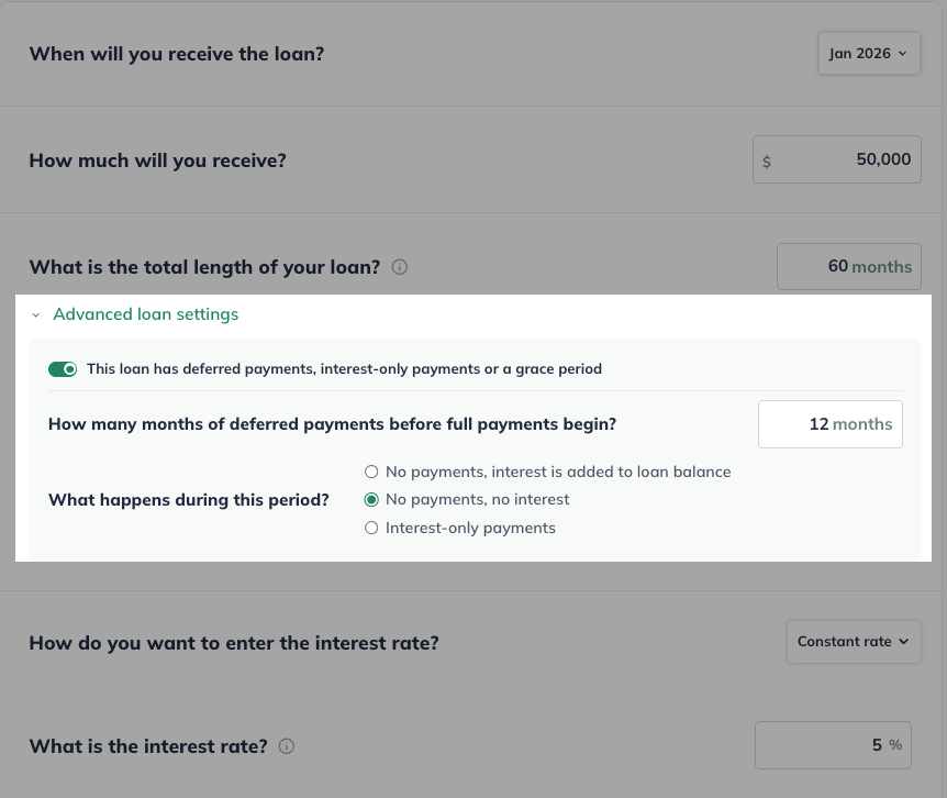 Advanced Loan Settings highlighted