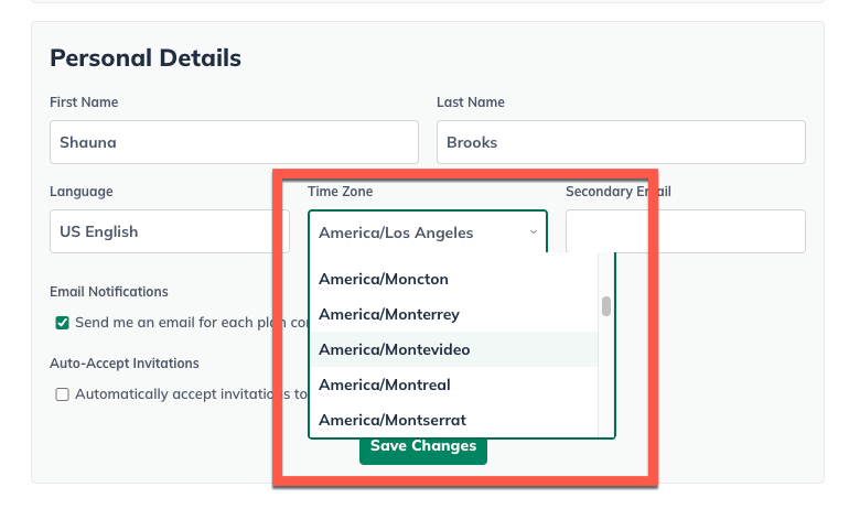Image: personal details time zone detail