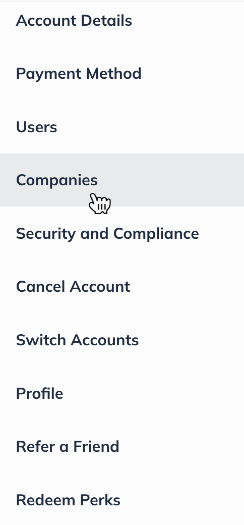 Image: account management sidebar with companies highlighted