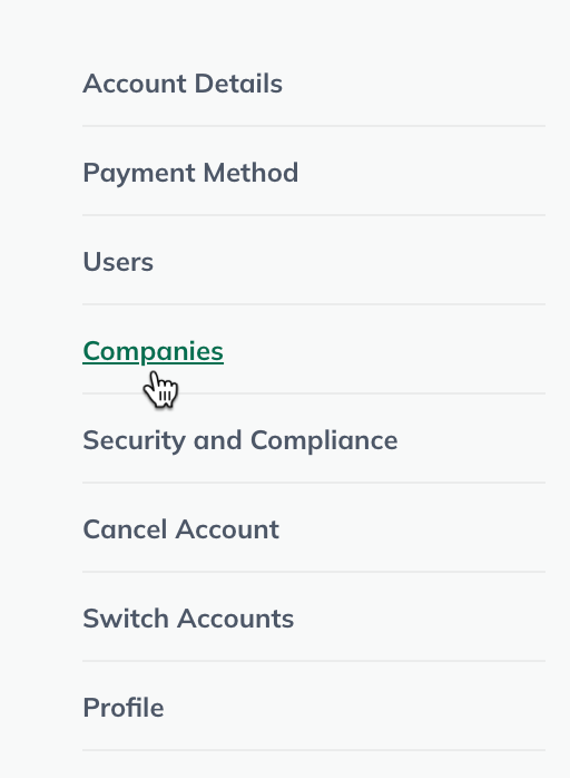 Image: account management sidebar with companies highlighted