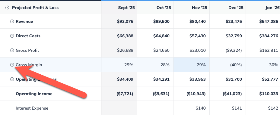 arrow pointing to expand detail icon in financing page