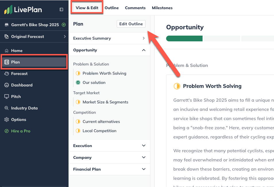 plan page view and edit arrow pointing to edit outline