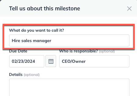 Image: milestone entry name highlighted