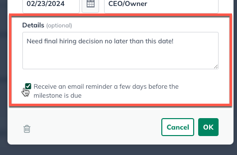 Image: milestone entry with details highlighted