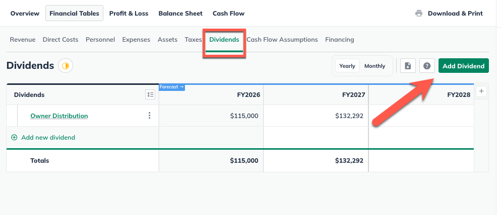 Image: arrow pointing to add dividend detail