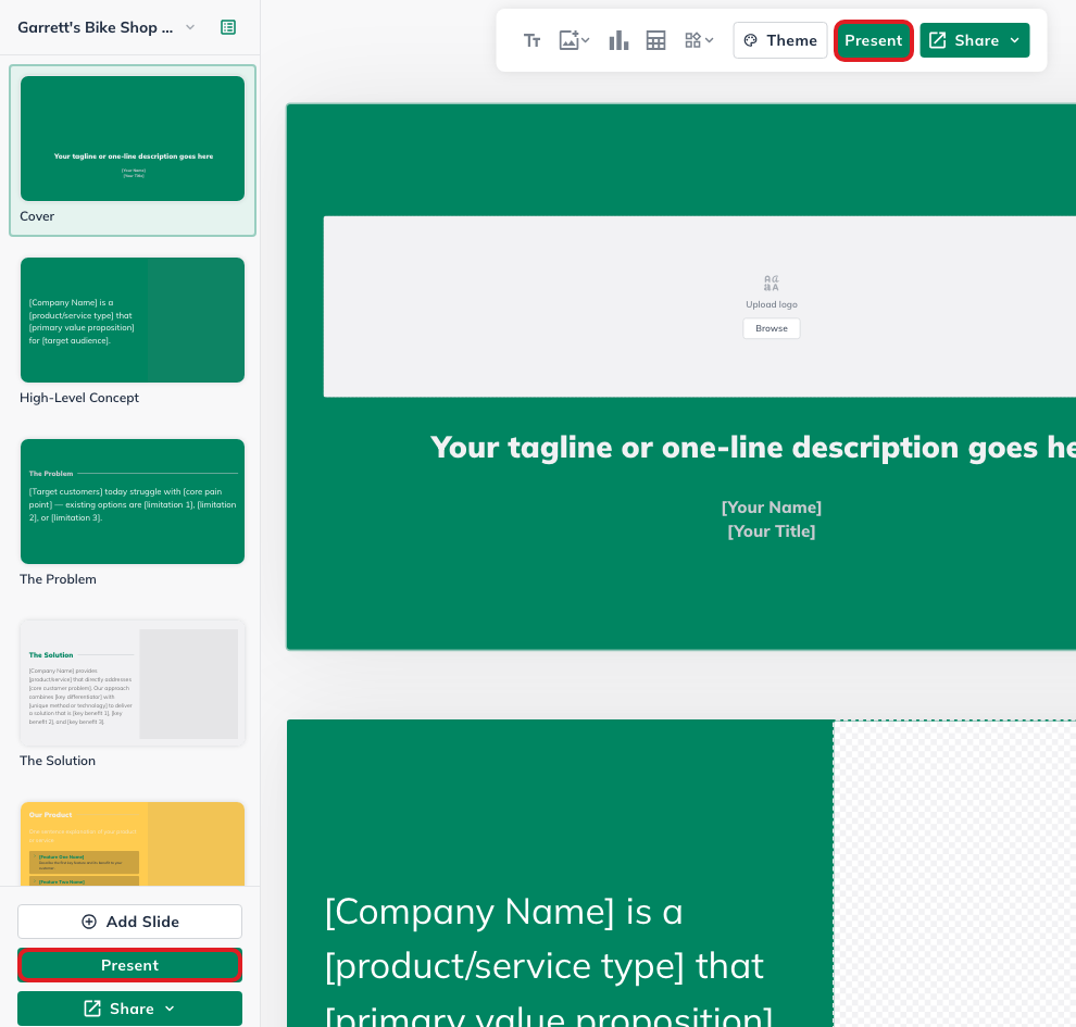 LivePlan Pitch Deck editor with the Present buttons highlighted.