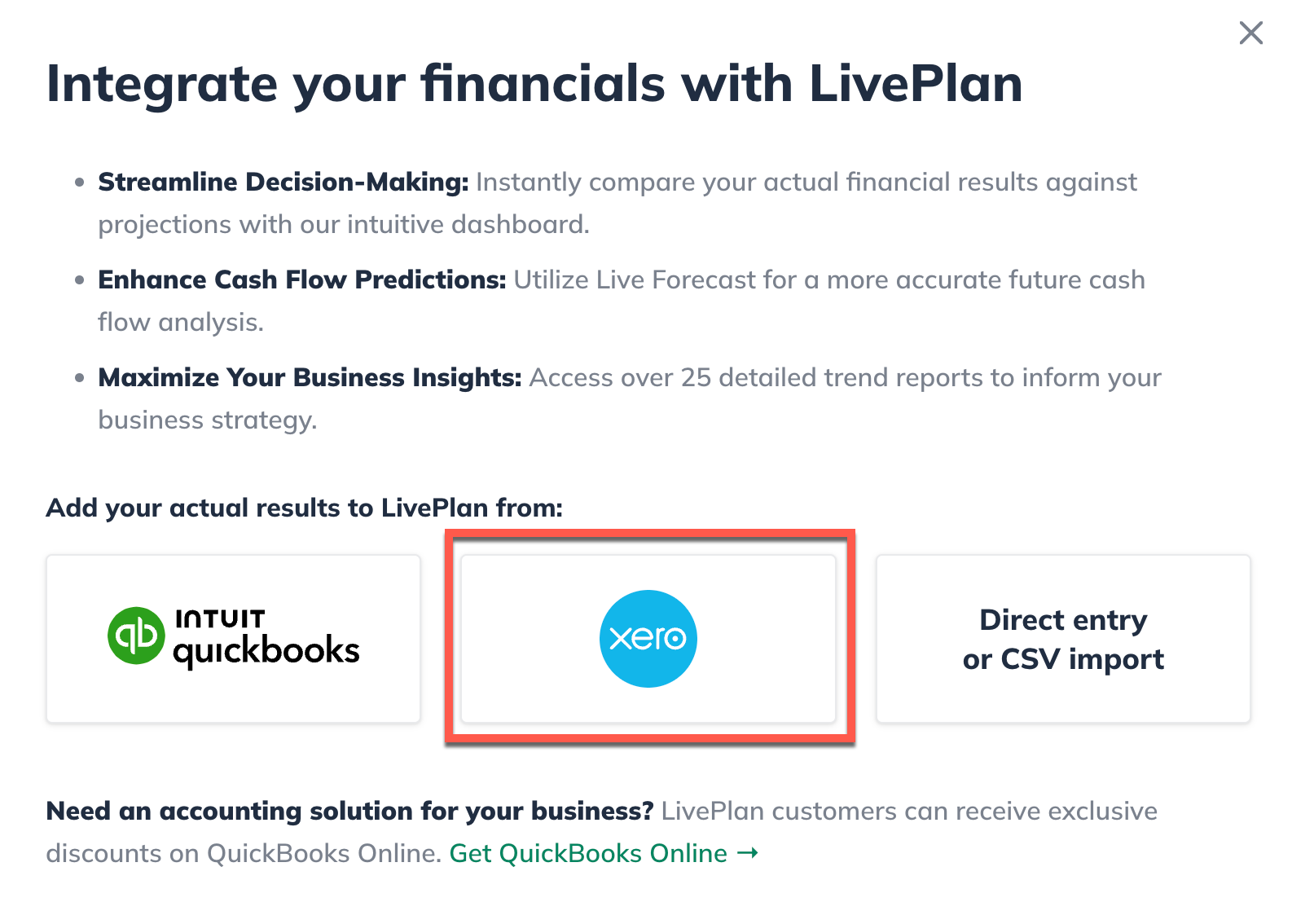 Image: integrate your financials with LivePlan with xero highlighted