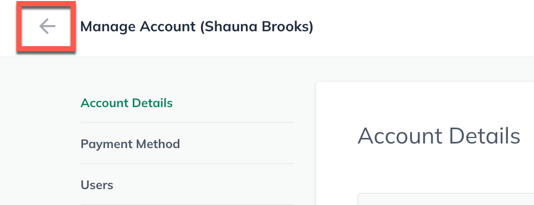 Image: manage account menu with back arrow highlighted