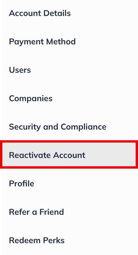 Image: manage account sidebar with reactivate account highlighted