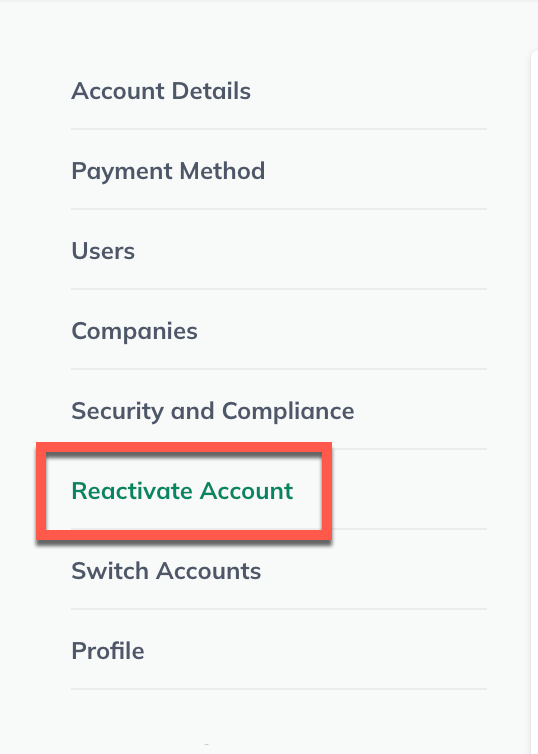 Image: manage account sidebar with reactivate account highlighted