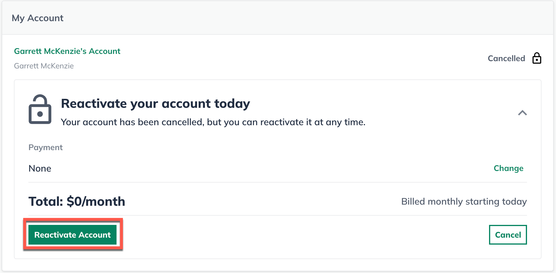 Image: reactivate account button highlighted on my account screen