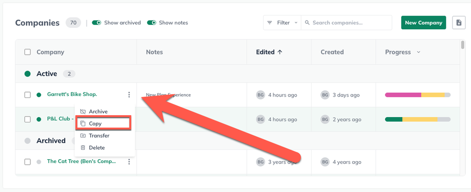 Image: company management screen with copy highlighted
