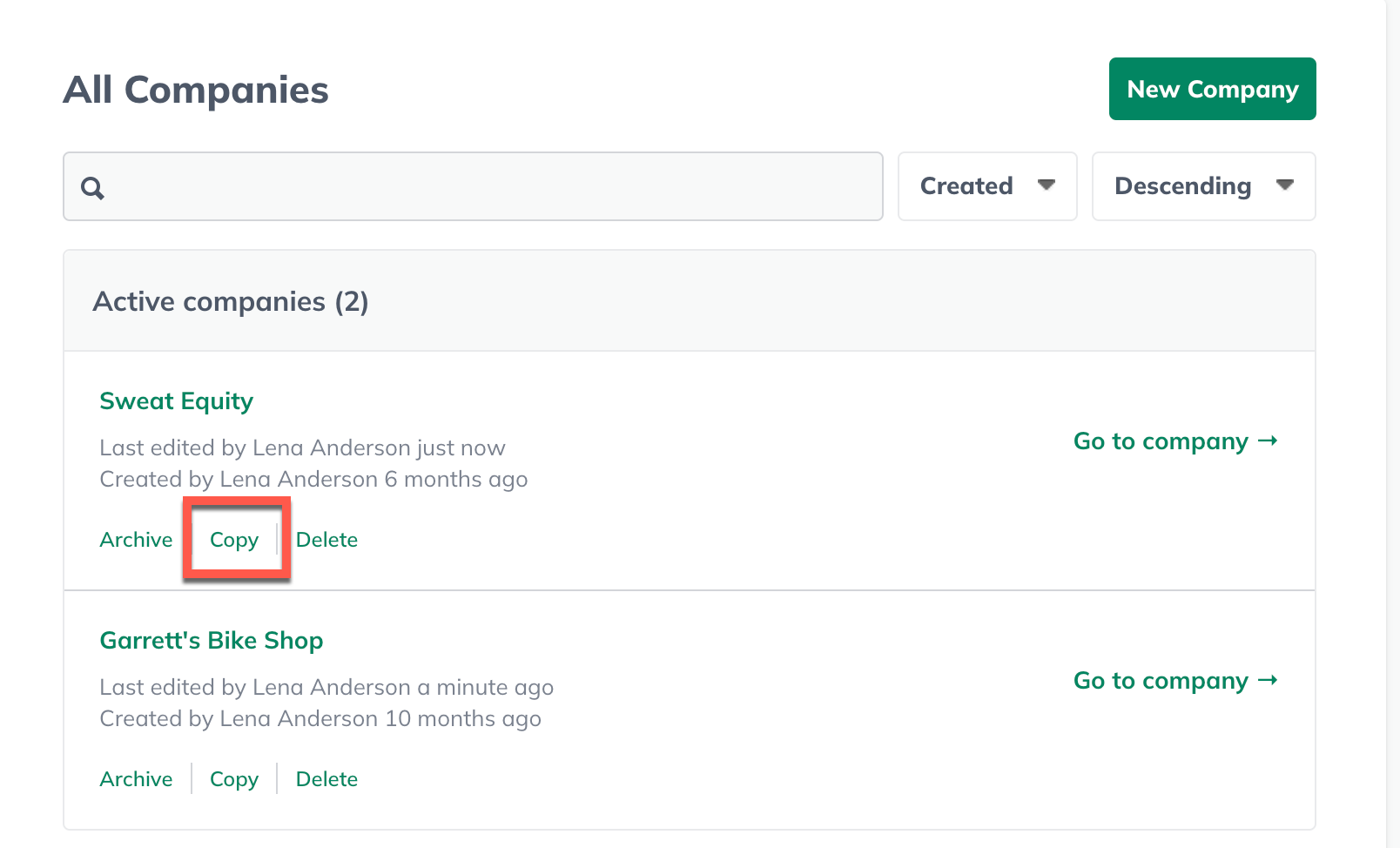Image: company management screen with copy highlighted