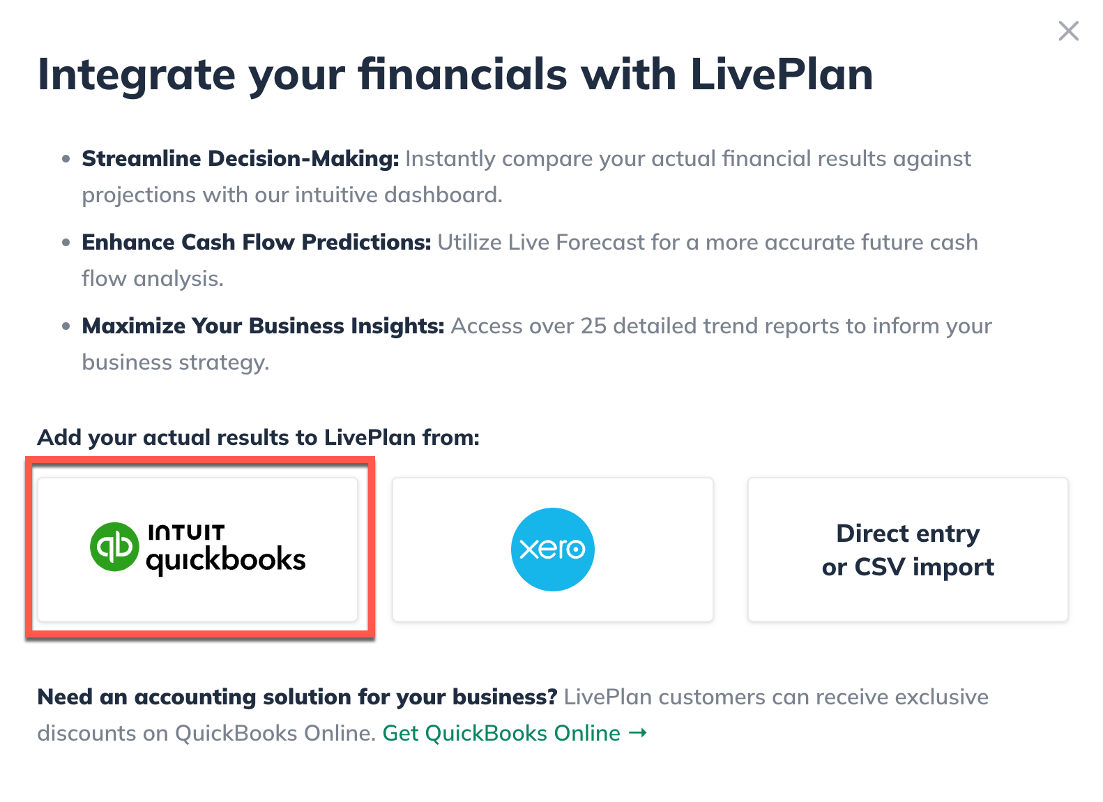 Image: integrate your financials with LivePlan quickbooks selected