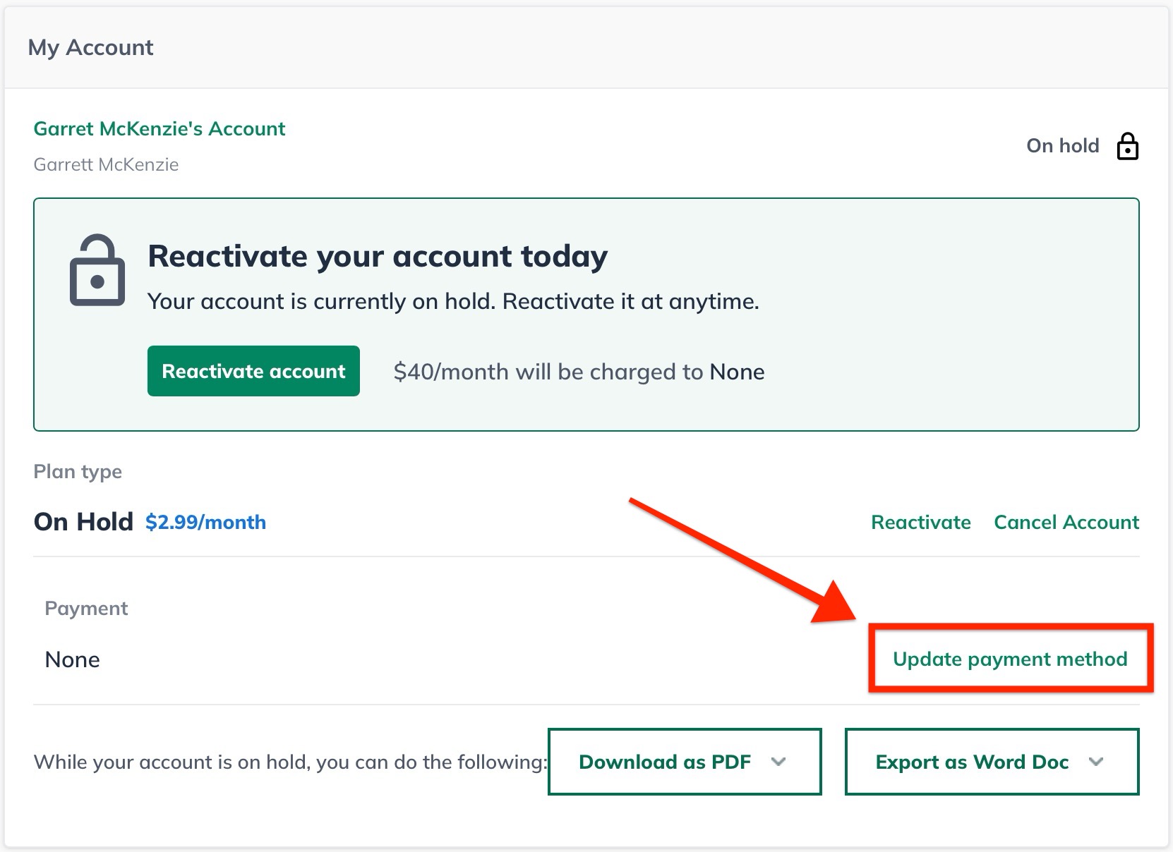 Image: my account on hold with update payment method highlighted