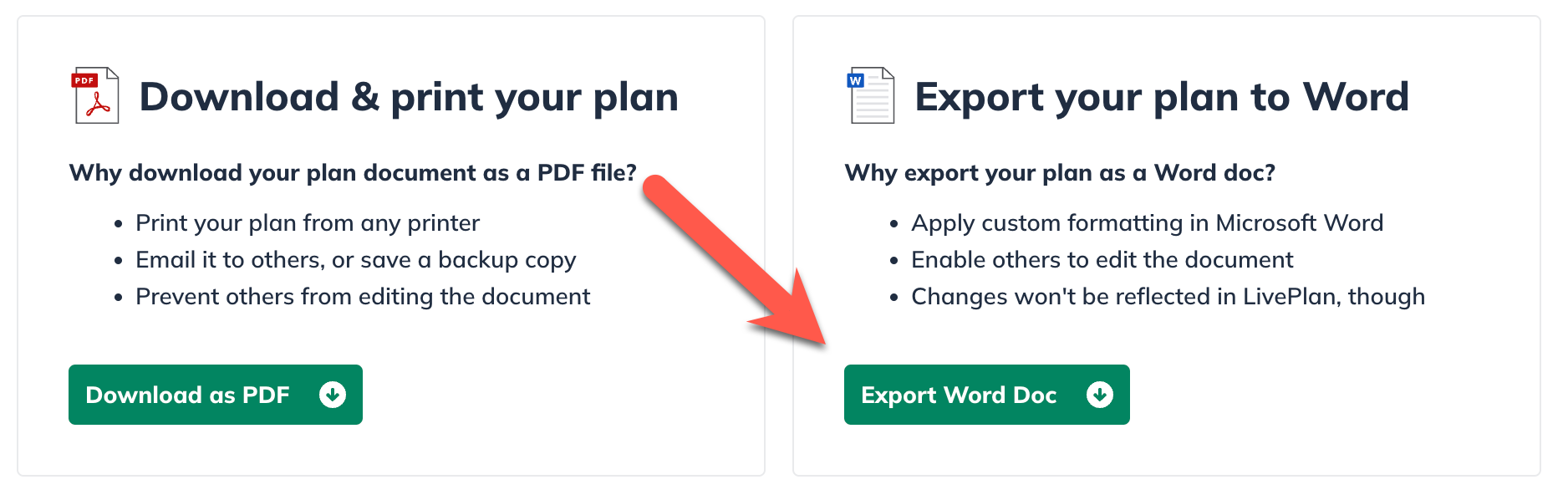 Image: arrow pointing to export word doc button