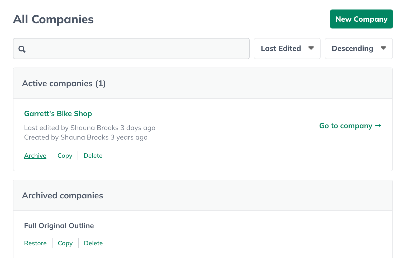 Image: all companies screen showing active and archived company