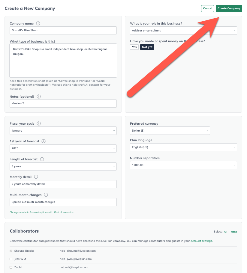 Image: Company creation screen with arrow pointing to create company
