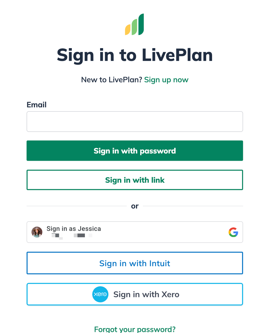 Image: liveplan sign in screen