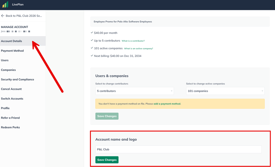 Image: account details page with name and logo field highlighted