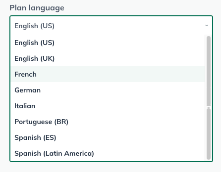 Image: LivePlan's language options
