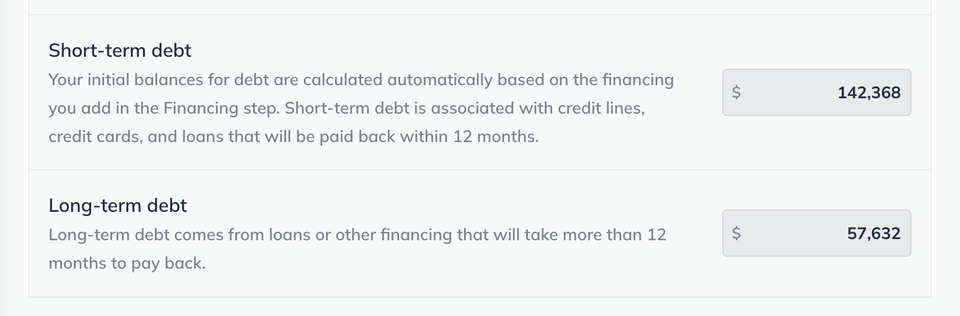 Image: initial balances page long and short term debt